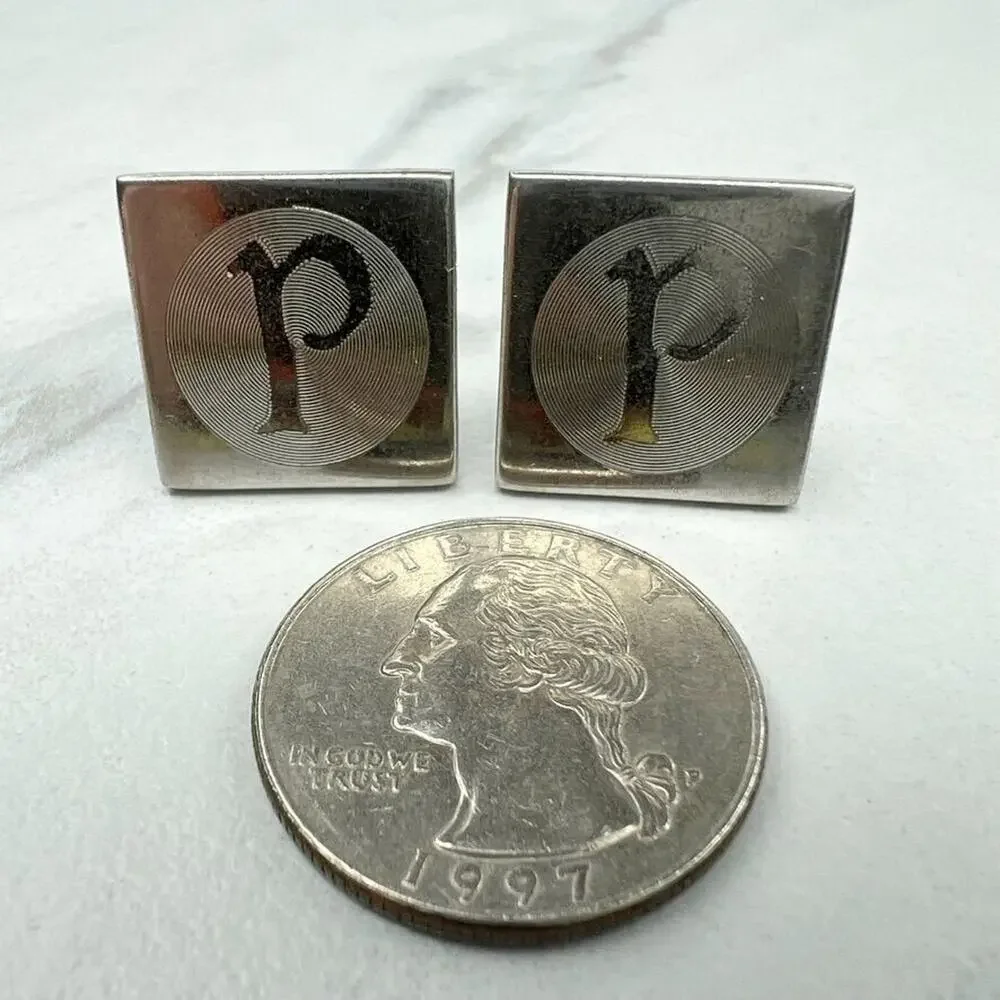 Silver Tone P Initial Letter Square Cufflinks
